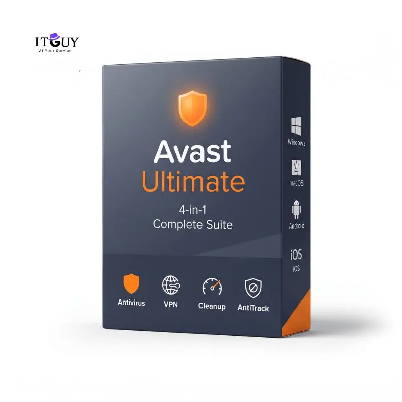 Avast Ultimate License Key 3D product box mockup displaying 4-in-1 security, SecureLine VPN, Cleanup Premium, and AntiTrack features