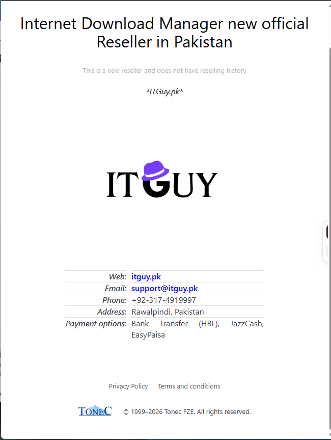 Official Tonec Inc. IDM Reseller Certificate for ITGuy.pk