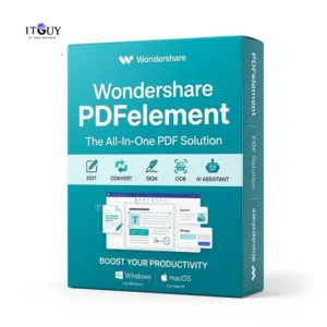 Wondershare PDFelement License Key 3D product box mockup displaying PDF editing, OCR, and conversion features